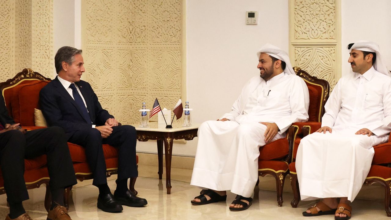 U.S. Secretary of State Antony Blinken meets with Qatari Minister of State Dr. Mohammed bin Abdulaziz Al-Khulaifi, in Doha, Qatar, August 20, 2024. REUTERS/Kevin Mohatt/Pool