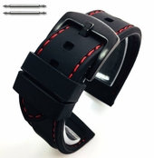 Black Silicone 22mm Watch Band Strap Red Stitching Steel Buckle #4006