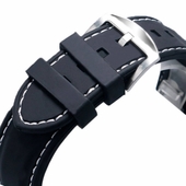 Black Silicone PU Replacement 22mm Watch Band Strap Buckle White Stitching #4003