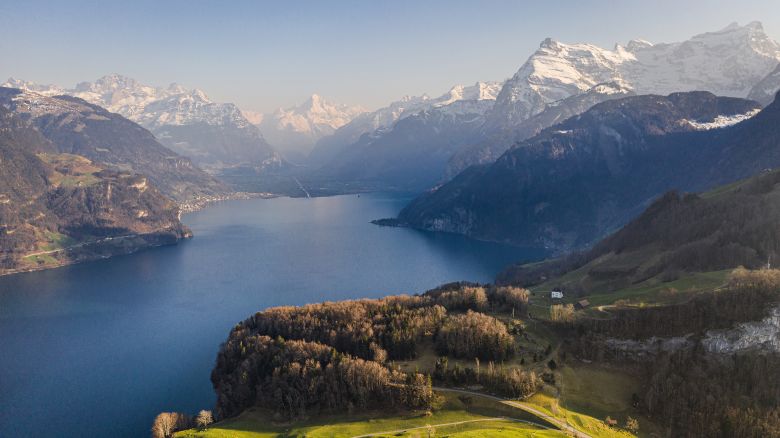 Stunning landscape above the Seelisberg and the famous Rutli meadow by lake Lucerne in Canton Uri in Central Switzerland with alps mountain in the backgroud